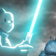 T0-B1, a blue-white droid in the form of a young boy, wields his blue lightsaber.